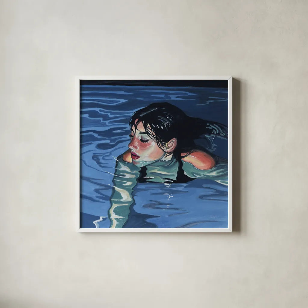 Swimming in Evening Glow by Kate Jarvik Birch. Shown in a crisp white glass frame for a clean and minimalist style. Available as an archival giclee rolled canvas, fine art paper, or poster print. SKU 98609a.