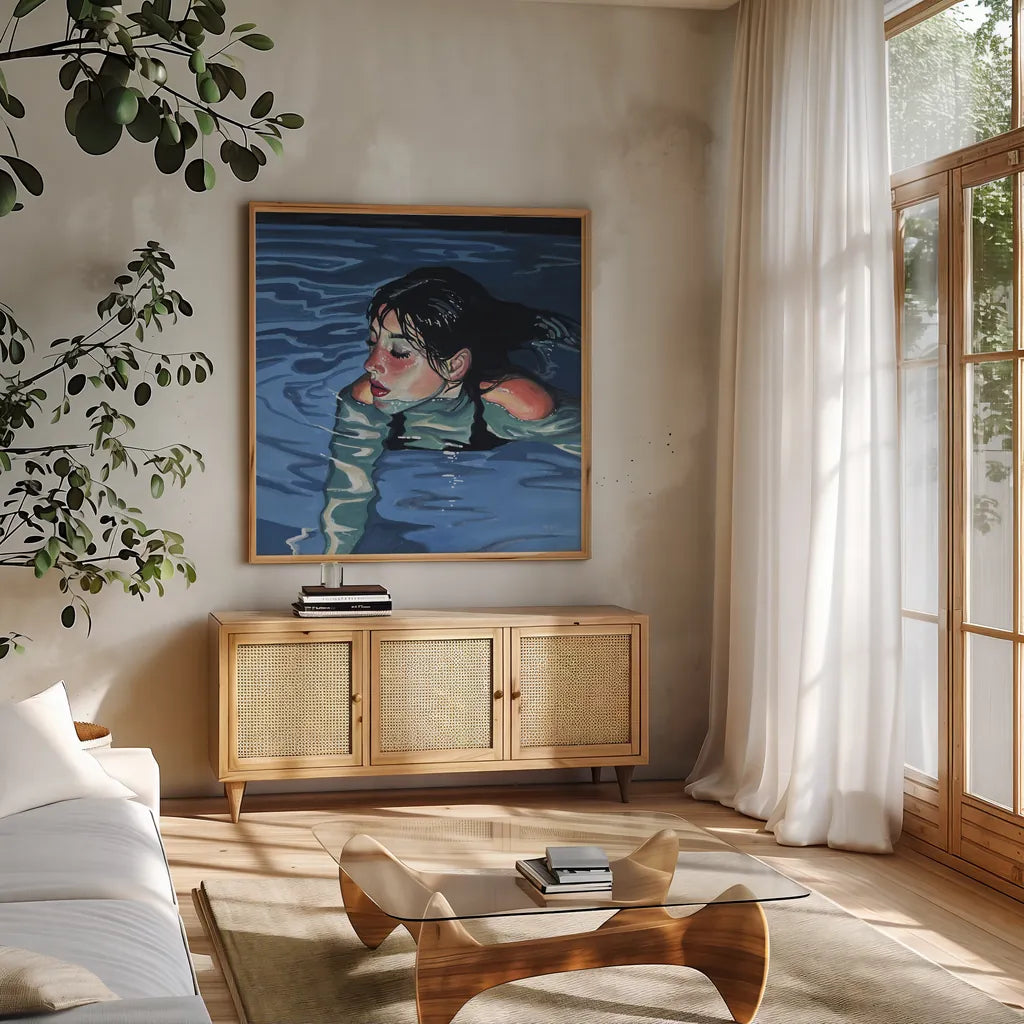 Swimming in Evening Glow by Kate Jarvik Birch. Shown in a natural wood frame in a cozy modern living room. Available as an archival giclee rolled canvas, fine art paper, or poster print. SKU 98609a.