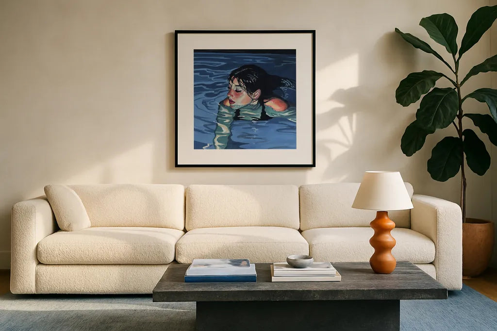 Swimming in Evening Glow by Kate Jarvik Birch. Displayed in a glass frame with matte in a clean modern living room. Available as an archival giclee rolled canvas, fine art paper, or poster print. SKU 98609a.