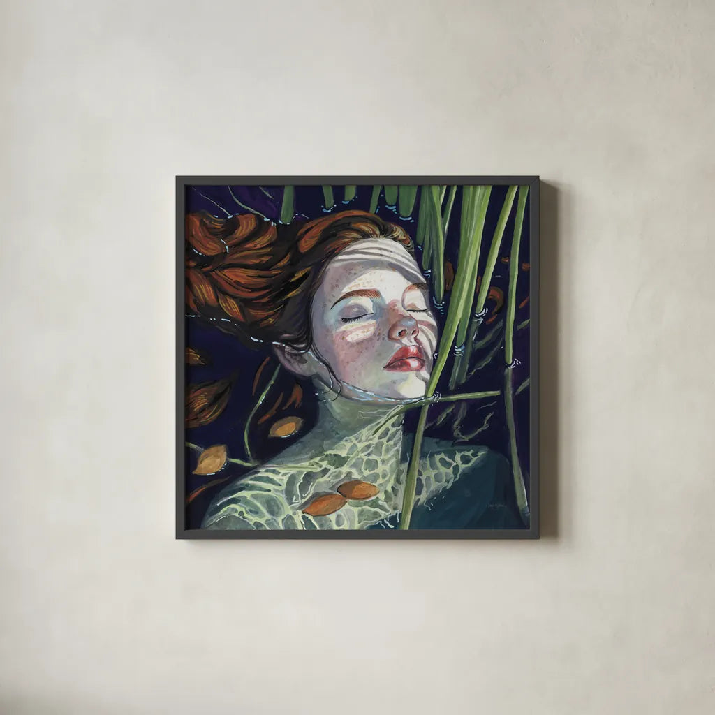 Swimming in The Reeds by Kate Jarvik Birch. Shown in a sleek black glass frame for a contemporary gallery look. Available as an archival giclee rolled canvas, fine art paper, or poster print. SKU 98536a.