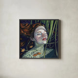 Swimming in The Reeds by Kate Jarvik Birch. Shown in a sleek black glass frame for a contemporary gallery look. Available as an archival giclee rolled canvas, fine art paper, or poster print. SKU 98536a.