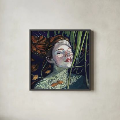 Swimming in The Reeds by Kate Jarvik Birch. Shown in a sleek black glass frame for a contemporary gallery look. Available as an archival giclee rolled canvas, fine art paper, or poster print. SKU 98536a.