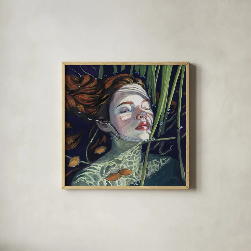 Swimming in The Reeds by Kate Jarvik Birch. Shown in a natural wood glass frame for a timeless modern aesthetic. Available as an archival giclee rolled canvas, fine art paper, or poster print. SKU 98536a.