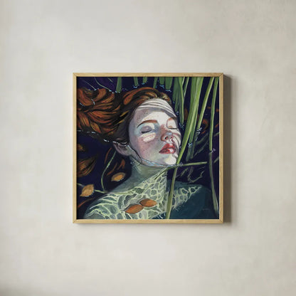 Swimming in The Reeds by Kate Jarvik Birch. Shown in a natural wood glass frame for a timeless modern aesthetic. Available as an archival giclee rolled canvas, fine art paper, or poster print. SKU 98536a.