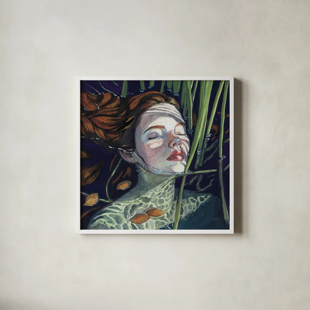 Swimming in The Reeds by Kate Jarvik Birch. Shown in a crisp white glass frame for a clean and minimalist style. Available as an archival giclee rolled canvas, fine art paper, or poster print. SKU 98536a.