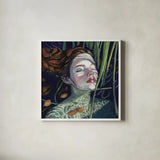 Swimming in The Reeds by Kate Jarvik Birch. Shown in a crisp white glass frame for a clean and minimalist style. Available as an archival giclee rolled canvas, fine art paper, or poster print. SKU 98536a.