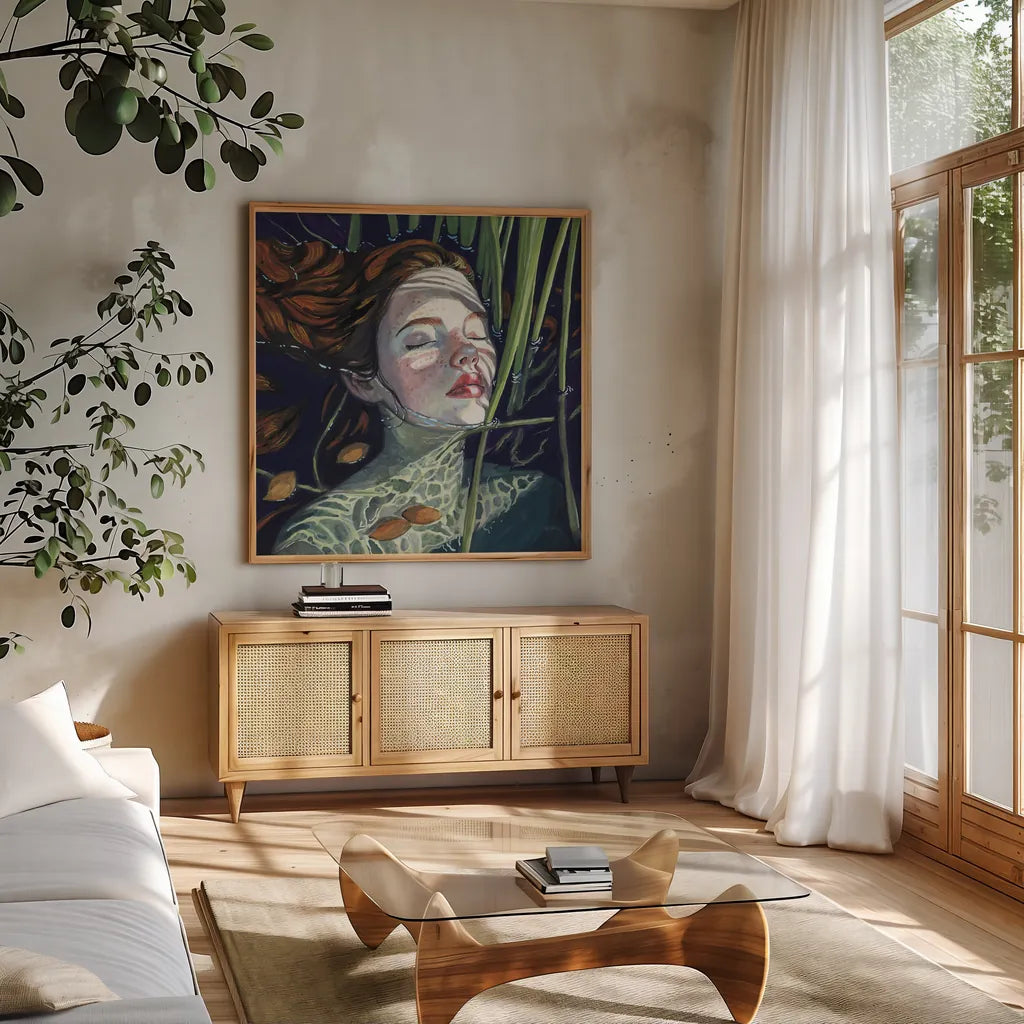 Swimming in The Reeds by Kate Jarvik Birch. Shown in a natural wood frame in a cozy modern living room. Available as an archival giclee rolled canvas, fine art paper, or poster print. SKU 98536a.