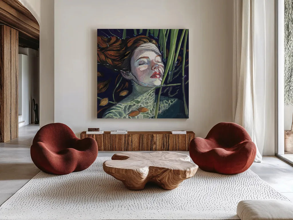 Swimming in The Reeds by Kate Jarvik Birch. Shown as extra-large giant wall art in a modern living room. Available as an archival giclee rolled canvas, fine art paper, or poster print. SKU 98536a.
