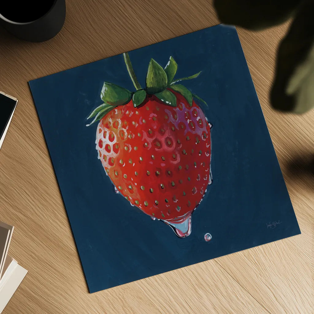 The Most Perfect Strawberry by Kate Jarvik Birch. Shown as a detailed flat fine art print, highlighting archival giclee quality. Available as an archival giclee rolled canvas, fine art paper, or poster print. SKU 98625a.