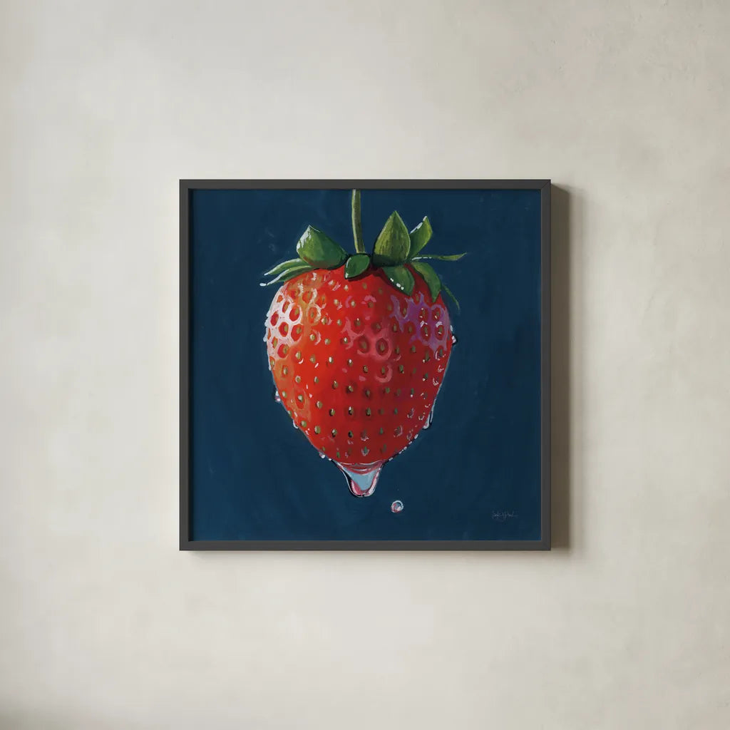 The Most Perfect Strawberry by Kate Jarvik Birch. Shown in a sleek black glass frame for a contemporary gallery look. Available as an archival giclee rolled canvas, fine art paper, or poster print. SKU 98625a.
