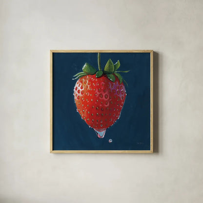 The Most Perfect Strawberry by Kate Jarvik Birch. Shown in a natural wood glass frame for a timeless modern aesthetic. Available as an archival giclee rolled canvas, fine art paper, or poster print. SKU 98625a.