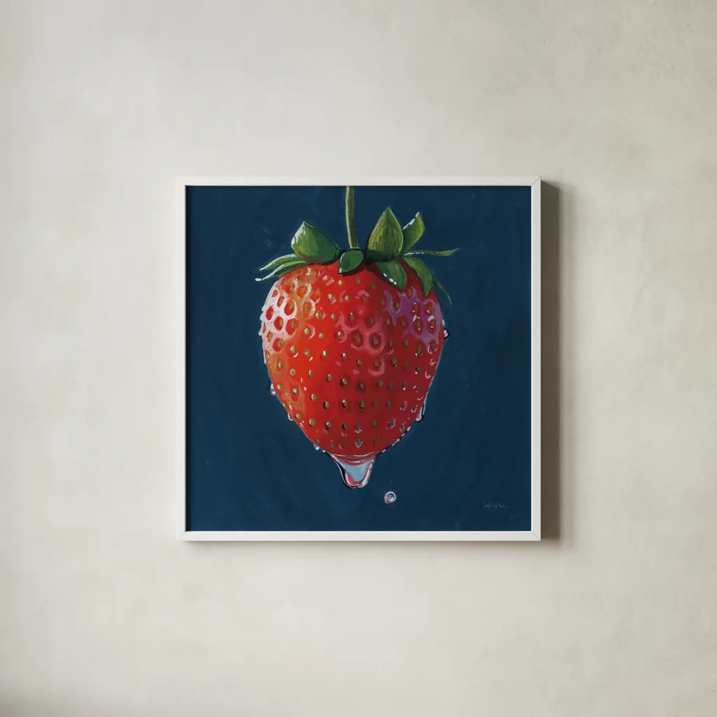 The Most Perfect Strawberry by Kate Jarvik Birch. Shown in a crisp white glass frame for a clean and minimalist style. Available as an archival giclee rolled canvas, fine art paper, or poster print. SKU 98625a.