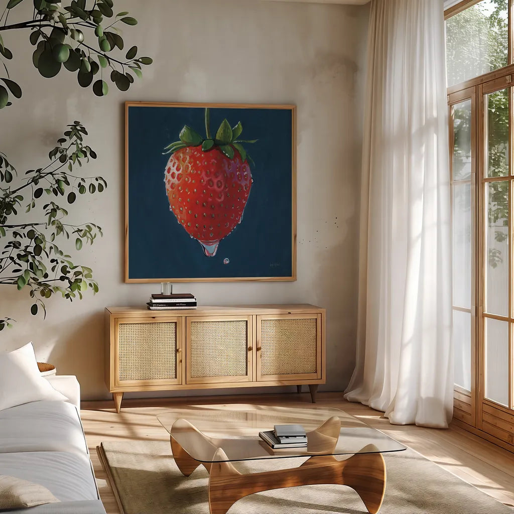 The Most Perfect Strawberry by Kate Jarvik Birch. Shown in a natural wood frame in a cozy modern living room. Available as an archival giclee rolled canvas, fine art paper, or poster print. SKU 98625a.
