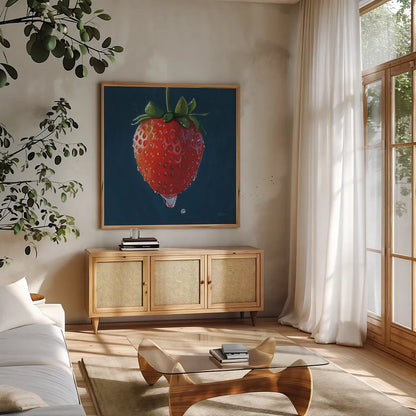 The Most Perfect Strawberry by Kate Jarvik Birch. Shown in a natural wood frame in a cozy modern living room. Available as an archival giclee rolled canvas, fine art paper, or poster print. SKU 98625a.