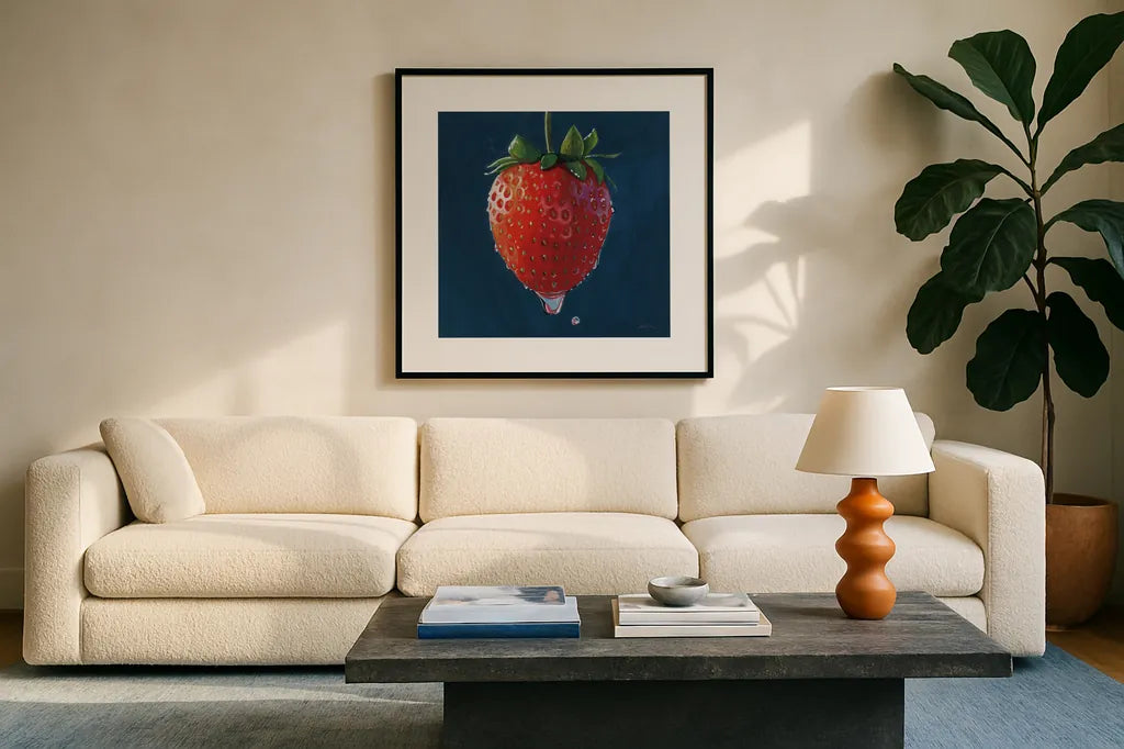 The Most Perfect Strawberry by Kate Jarvik Birch. Displayed in a glass frame with matte in a clean modern living room. Available as an archival giclee rolled canvas, fine art paper, or poster print. SKU 98625a.