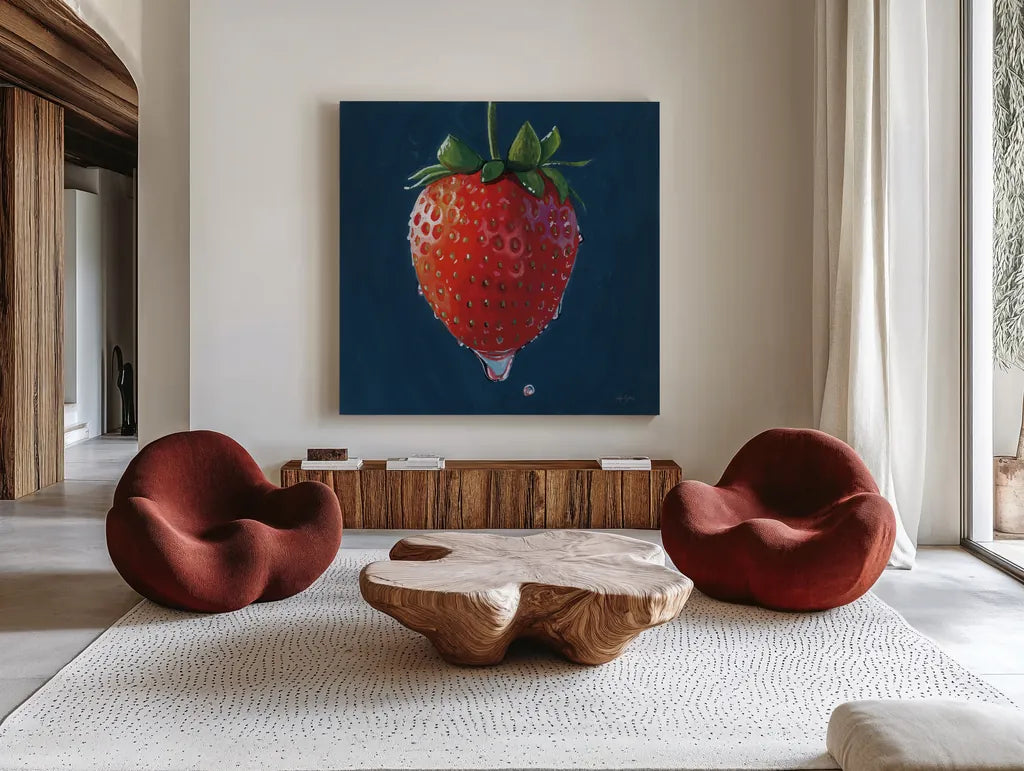 The Most Perfect Strawberry by Kate Jarvik Birch. Shown as extra-large giant wall art in a modern living room. Available as an archival giclee rolled canvas, fine art paper, or poster print. SKU 98625a.