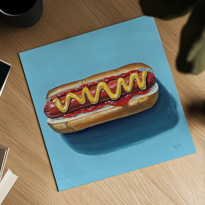 The Perfect Hotdog by Kate Jarvik Birch. Shown as a detailed flat fine art print, highlighting archival giclee quality. Available as an archival giclee rolled canvas, fine art paper, or poster print. SKU 98539a.