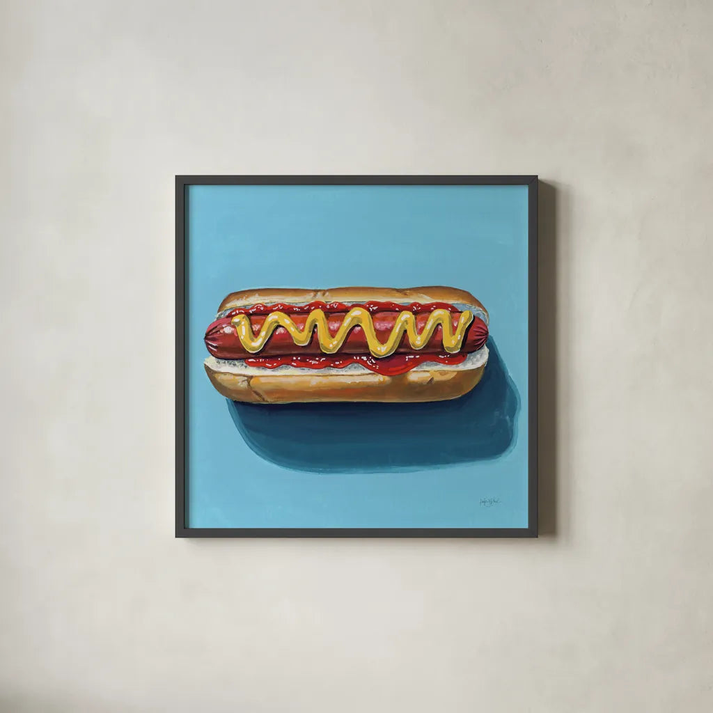 The Perfect Hotdog by Kate Jarvik Birch. Shown in a sleek black glass frame for a contemporary gallery look. Available as an archival giclee rolled canvas, fine art paper, or poster print. SKU 98539a.