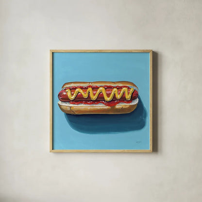 The Perfect Hotdog by Kate Jarvik Birch. Shown in a natural wood glass frame for a timeless modern aesthetic. Available as an archival giclee rolled canvas, fine art paper, or poster print. SKU 98539a.