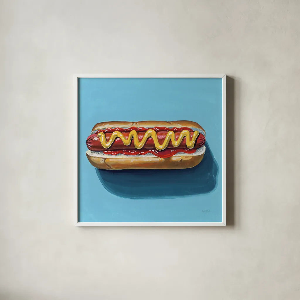The Perfect Hotdog by Kate Jarvik Birch. Shown in a crisp white glass frame for a clean and minimalist style. Available as an archival giclee rolled canvas, fine art paper, or poster print. SKU 98539a.