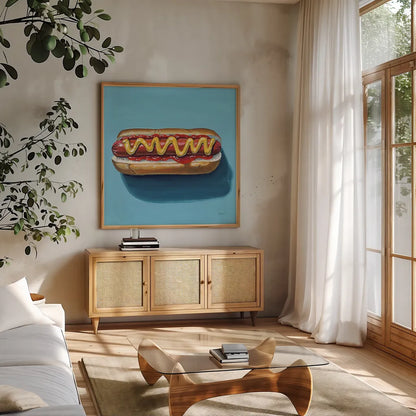 The Perfect Hotdog by Kate Jarvik Birch. Shown in a natural wood frame in a cozy modern living room. Available as an archival giclee rolled canvas, fine art paper, or poster print. SKU 98539a.