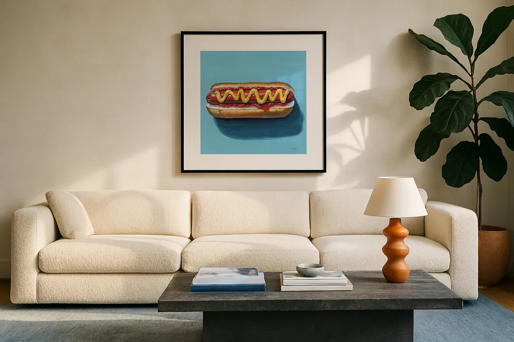 The Perfect Hotdog by Kate Jarvik Birch. Displayed in a glass frame with matte in a clean modern living room. Available as an archival giclee rolled canvas, fine art paper, or poster print. SKU 98539a.