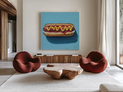 The Perfect Hotdog by Kate Jarvik Birch. Shown as extra-large giant wall art in a modern living room. Available as an archival giclee rolled canvas, fine art paper, or poster print. SKU 98539a.