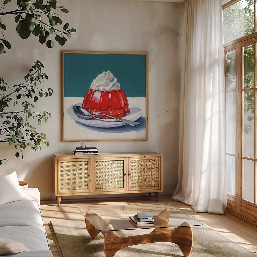 The Perfect Light Dessert by Kate Jarvik Birch. Shown in a natural wood frame in a cozy modern living room. Available as an archival giclee rolled canvas, fine art paper, or poster print. SKU 98623a.