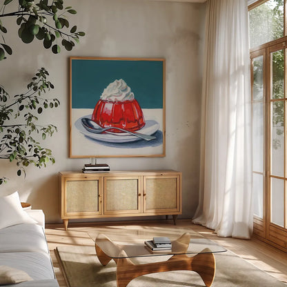 The Perfect Light Dessert by Kate Jarvik Birch. Shown in a natural wood frame in a cozy modern living room. Available as an archival giclee rolled canvas, fine art paper, or poster print. SKU 98623a.