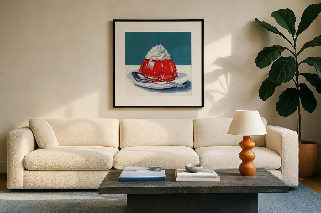 The Perfect Light Dessert by Kate Jarvik Birch. Displayed in a glass frame with matte in a clean modern living room. Available as an archival giclee rolled canvas, fine art paper, or poster print. SKU 98623a.