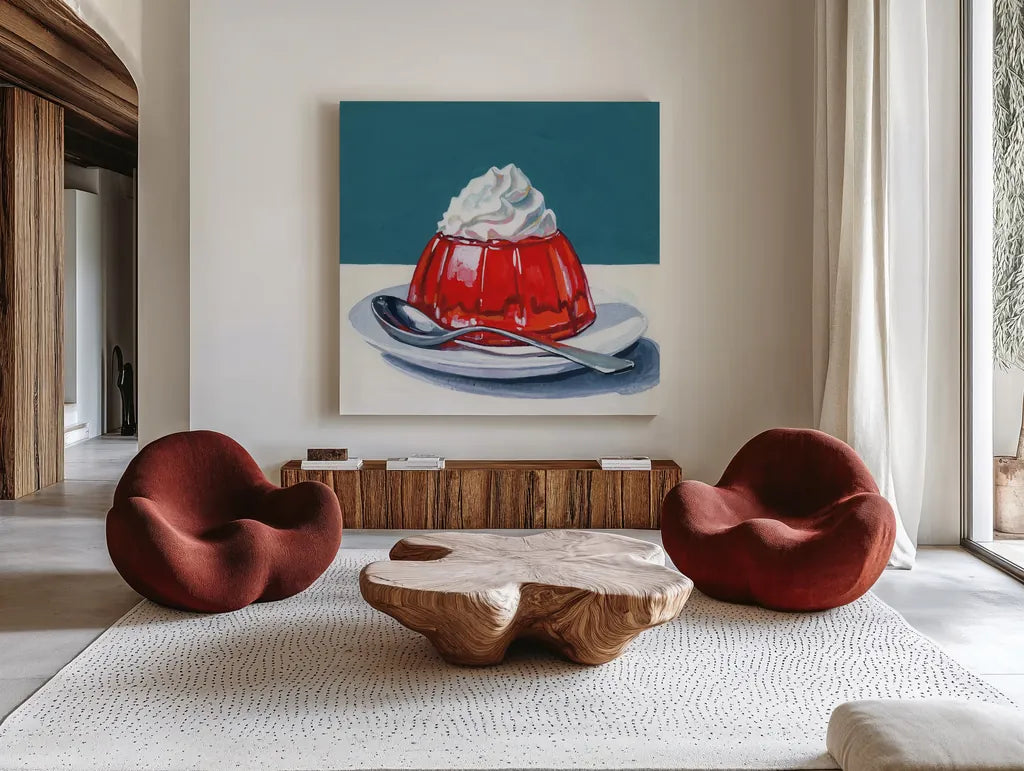 The Perfect Light Dessert by Kate Jarvik Birch. Shown as extra-large giant wall art in a modern living room. Available as an archival giclee rolled canvas, fine art paper, or poster print. SKU 98623a.