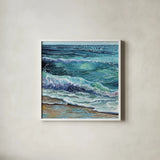 The Sounds of The Shore by Kate Jarvik Birch. Shown in a crisp white glass frame for a clean and minimalist style. Available as an archival giclee rolled canvas, fine art paper, or poster print. SKU 101972a.