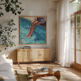 The Waters Fine by Kate Jarvik Birch. Shown in a natural wood frame in a cozy modern living room. Available as an archival giclee rolled canvas, fine art paper, or poster print. SKU 101980a.
