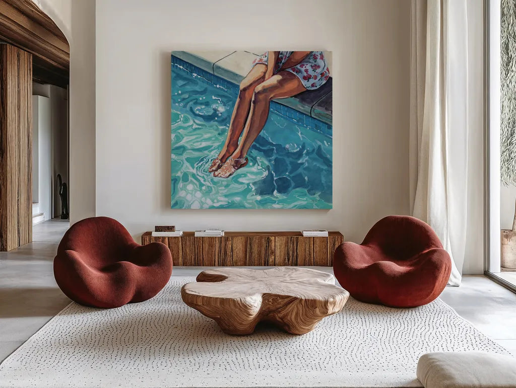 The Waters Fine by Kate Jarvik Birch. Shown as extra-large giant wall art in a modern living room. Available as an archival giclee rolled canvas, fine art paper, or poster print. SKU 101980a.