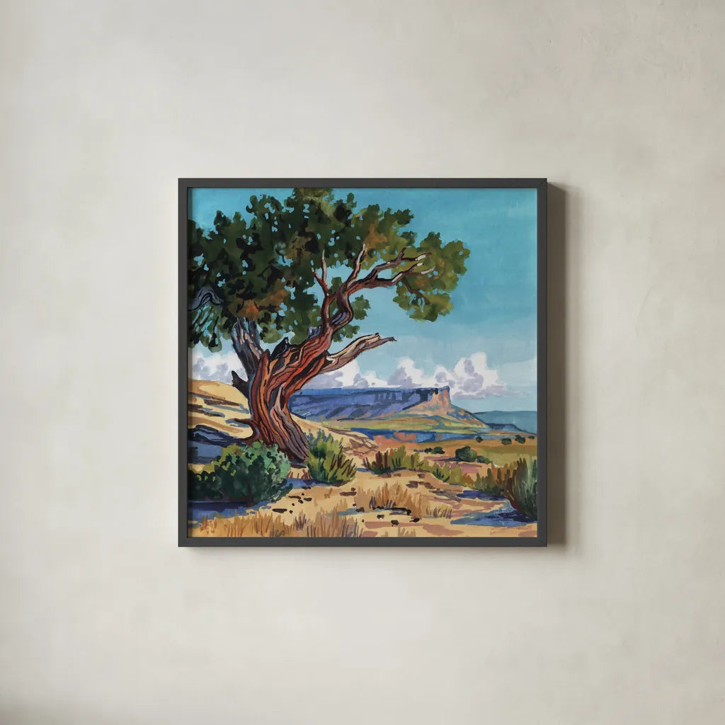 The Wind Shapes The Tree by Kate Jarvik Birch. Shown in a sleek black glass frame for a contemporary gallery look. Available as an archival giclee rolled canvas, fine art paper, or poster print. SKU 102970a.