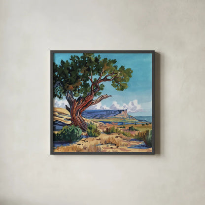 The Wind Shapes The Tree by Kate Jarvik Birch. Shown in a sleek black glass frame for a contemporary gallery look. Available as an archival giclee rolled canvas, fine art paper, or poster print. SKU 102970a.