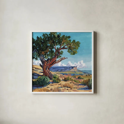 The Wind Shapes The Tree by Kate Jarvik Birch. Shown in a crisp white glass frame for a clean and minimalist style. Available as an archival giclee rolled canvas, fine art paper, or poster print. SKU 102970a.