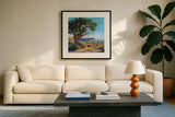 The Wind Shapes The Tree by Kate Jarvik Birch. Displayed in a glass frame with matte in a clean modern living room. Available as an archival giclee rolled canvas, fine art paper, or poster print. SKU 102970a.