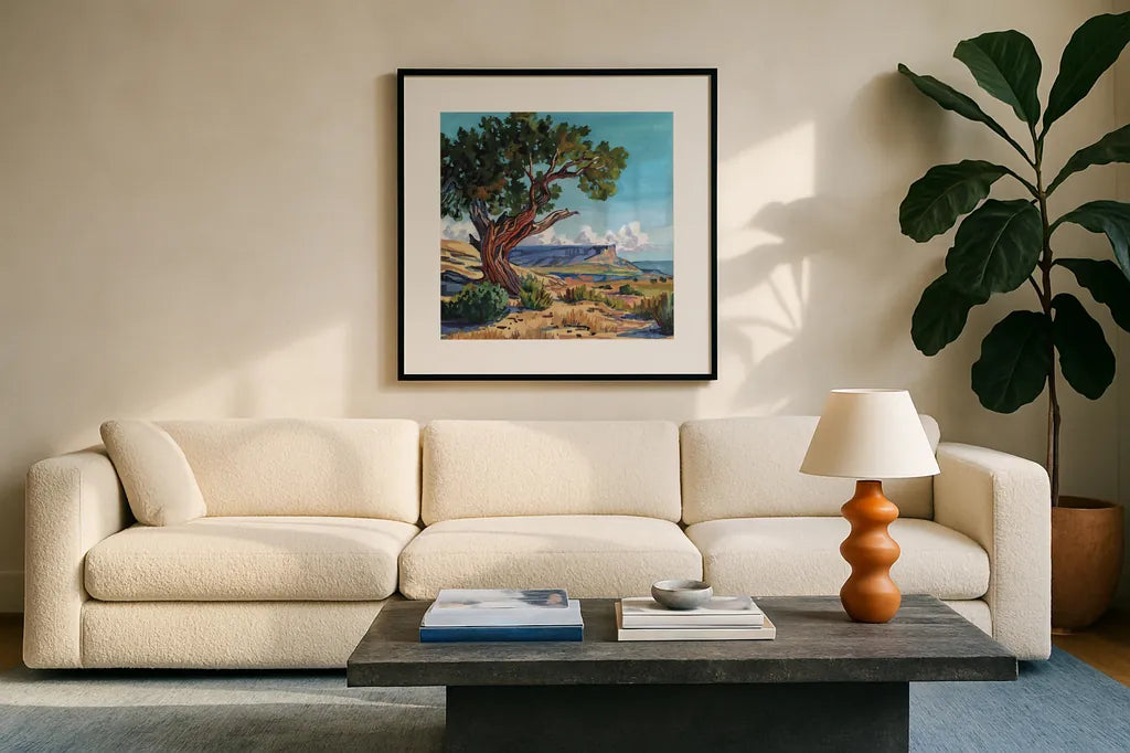 The Wind Shapes The Tree by Kate Jarvik Birch. Displayed in a glass frame with matte in a clean modern living room. Available as an archival giclee rolled canvas, fine art paper, or poster print. SKU 102970a.
