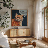 Thought Bubble Sassy Cat by Kate Jarvik Birch. Shown in a natural wood frame in a cozy modern living room. Available as an archival giclee rolled canvas, fine art paper, or poster print. SKU 102910a.