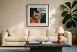 Thought Bubble Sassy Cat by Kate Jarvik Birch. Displayed in a glass frame with matte in a clean modern living room. Available as an archival giclee rolled canvas, fine art paper, or poster print. SKU 102910a.