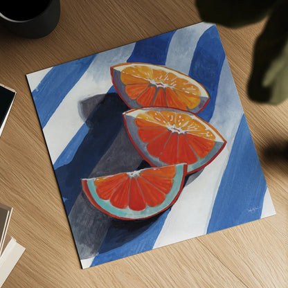 Three Citrus Slices by Kate Jarvik Birch. Shown as a detailed flat fine art print, highlighting archival giclee quality. Available as an archival giclee rolled canvas, fine art paper, or poster print. SKU 100964a.