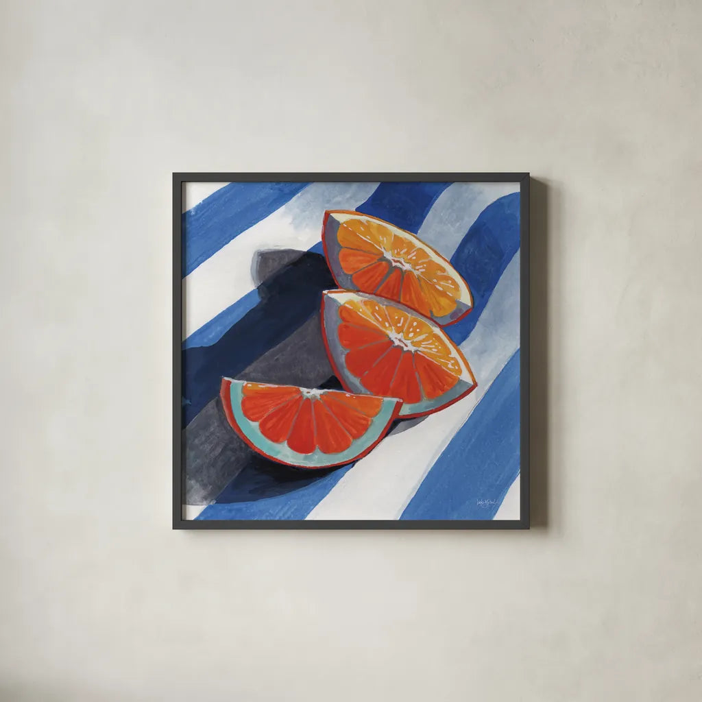 Three Citrus Slices by Kate Jarvik Birch. Shown in a sleek black glass frame for a contemporary gallery look. Available as an archival giclee rolled canvas, fine art paper, or poster print. SKU 100964a.