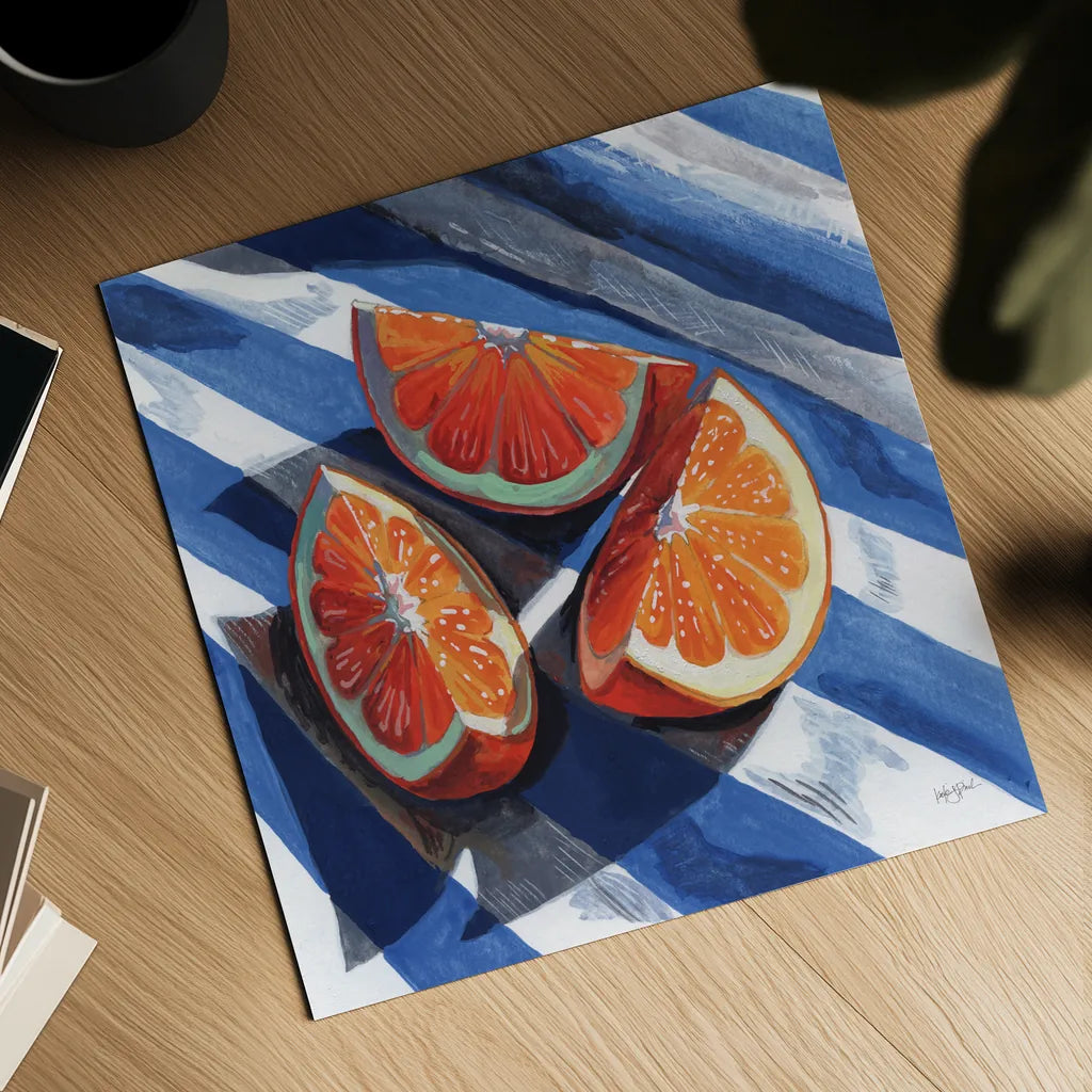 Three Citrus Slices II by Kate Jarvik Birch. Shown as a detailed flat fine art print, highlighting archival giclee quality. Available as an archival giclee rolled canvas, fine art paper, or poster print. SKU 101994a.