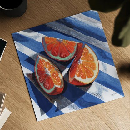 Three Citrus Slices II by Kate Jarvik Birch. Shown as a detailed flat fine art print, highlighting archival giclee quality. Available as an archival giclee rolled canvas, fine art paper, or poster print. SKU 101994a.
