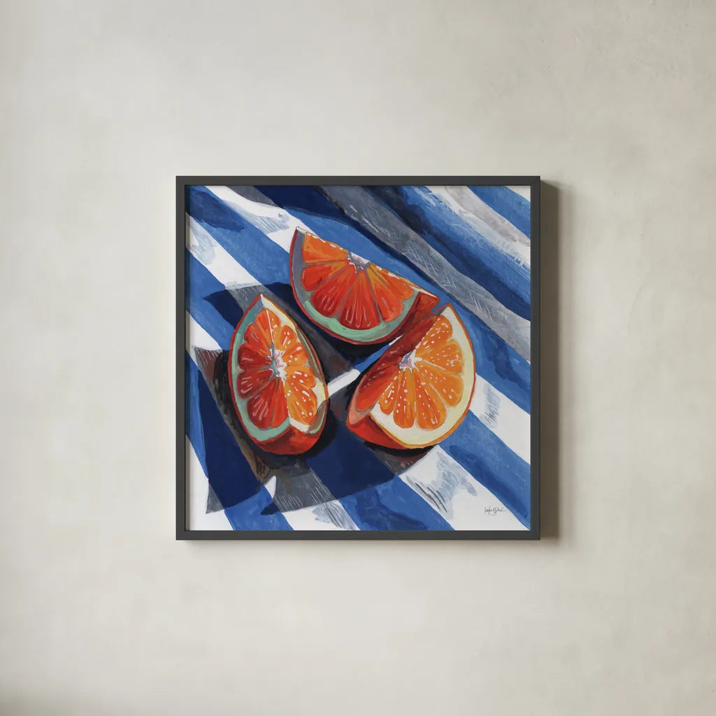 Three Citrus Slices II by Kate Jarvik Birch. Shown in a sleek black glass frame for a contemporary gallery look. Available as an archival giclee rolled canvas, fine art paper, or poster print. SKU 101994a.