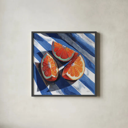 Three Citrus Slices II by Kate Jarvik Birch. Shown in a sleek black glass frame for a contemporary gallery look. Available as an archival giclee rolled canvas, fine art paper, or poster print. SKU 101994a.