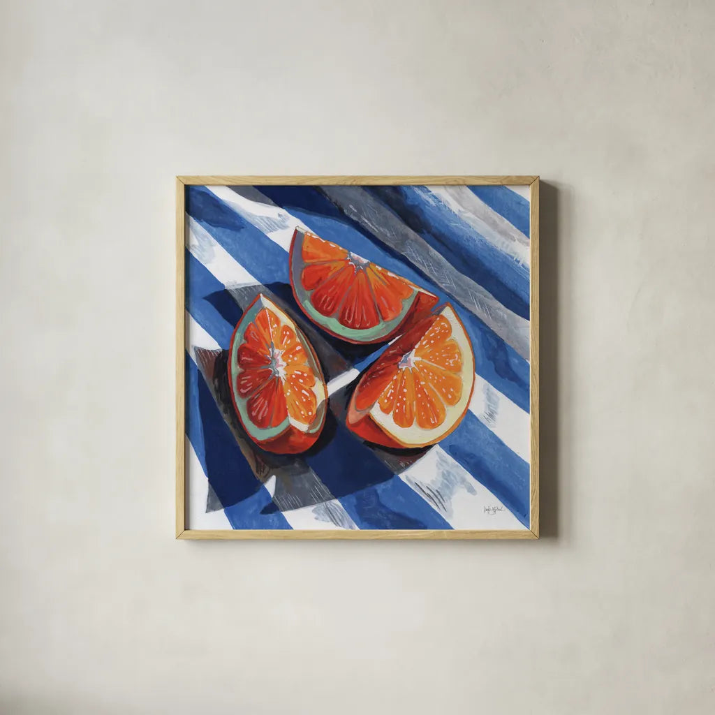 Three Citrus Slices II by Kate Jarvik Birch. Shown in a natural wood glass frame for a timeless modern aesthetic. Available as an archival giclee rolled canvas, fine art paper, or poster print. SKU 101994a.