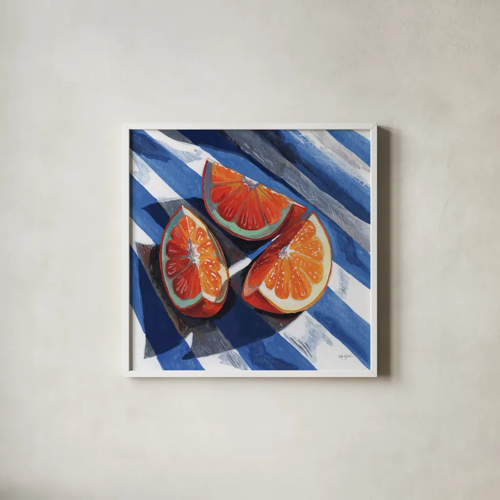 Three Citrus Slices II by Kate Jarvik Birch. Shown in a crisp white glass frame for a clean and minimalist style. Available as an archival giclee rolled canvas, fine art paper, or poster print. SKU 101994a.