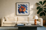 Three Citrus Slices II by Kate Jarvik Birch. Displayed in a glass frame with matte in a clean modern living room. Available as an archival giclee rolled canvas, fine art paper, or poster print. SKU 101994a.